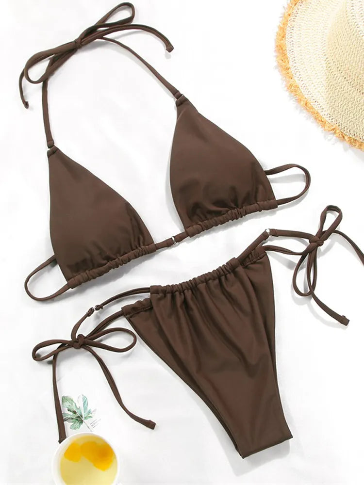 Bikinis Sexy String Adjust Swimwear Women Bath Suit Triangle Cup Bikini Sets Thong Halter Micro Swimsuit Bandage