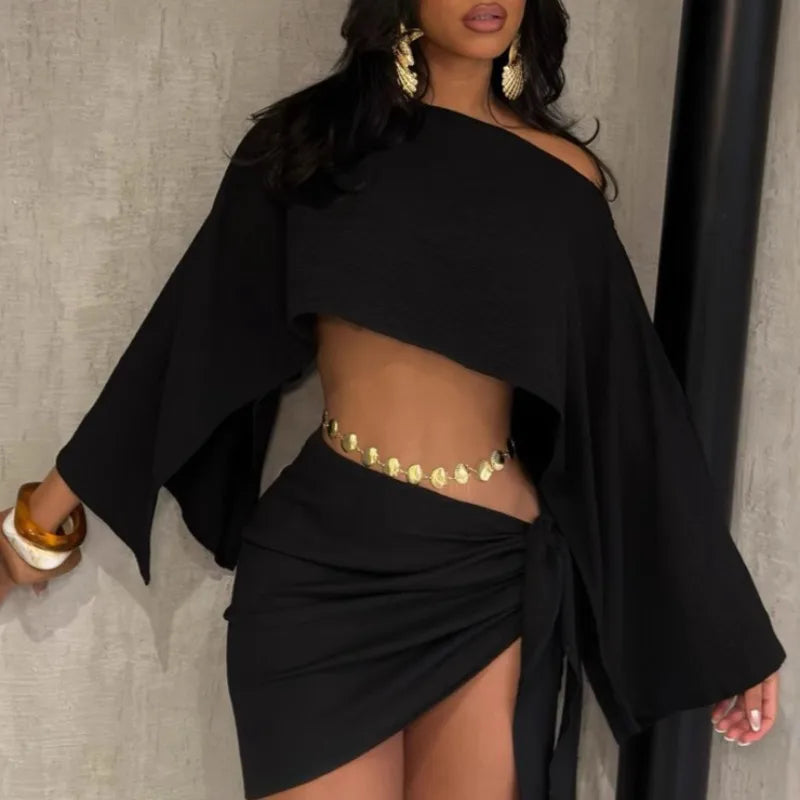 NEW 2PCS Set S-2XL 4 Colors Elegant Off Shoulder Sexy Outfits Woman Summer One Shoulder Flared Sleeve Loose Crop Top and Skirt Suit Streetwear Summer Beach Bar Nightclub Suit