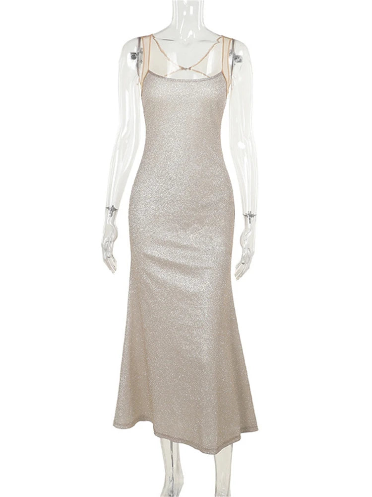 NEW Arrivals UK Size Ladies Spring Autumn Summer Luxury Bling Glitter Sequins Apricot See Through New Fashion Evening Party Dress Women Sleeveless Backless Maxi Dresses Clubwear Fall Outfits