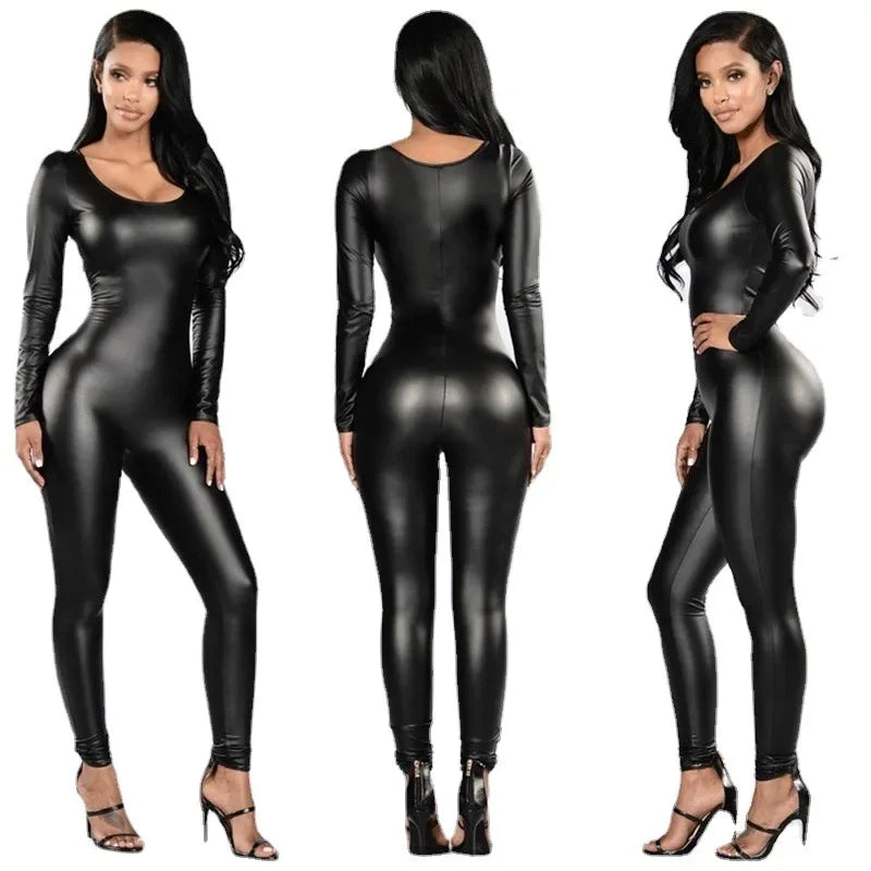 NEW Arrivals S-3XL Women Jumpsuit PU Leather Sexy Black Long Sleeve Jumpsuit Female Evening Nightclub Party Bodysuit Ladies Girls Luxury Fashion Clothing Supplies