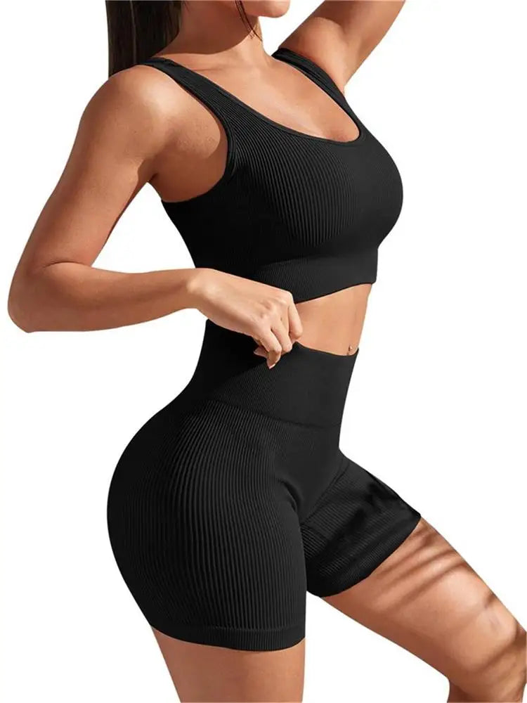 NEW Arrivals 2PCS Set 8 Colors Seamless Ribbed Yoga Sets Workout Sets for Women Gym Suits Ribbed Crop Tank High Waist Shorts Outfits Fitness Running Yoga Suit