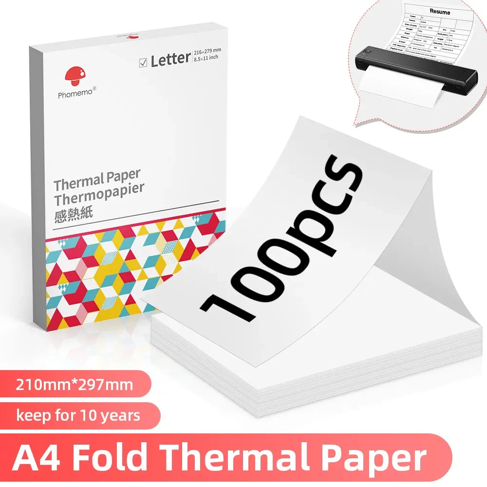 NEW Arrivals 4 Rolls 200 Sheets Set Original PHOMEMO A4 Paper Thermal Paper Fold Continuous Printing Paper Suitable for Phomemo M08F A4 Printer Long Time Storage