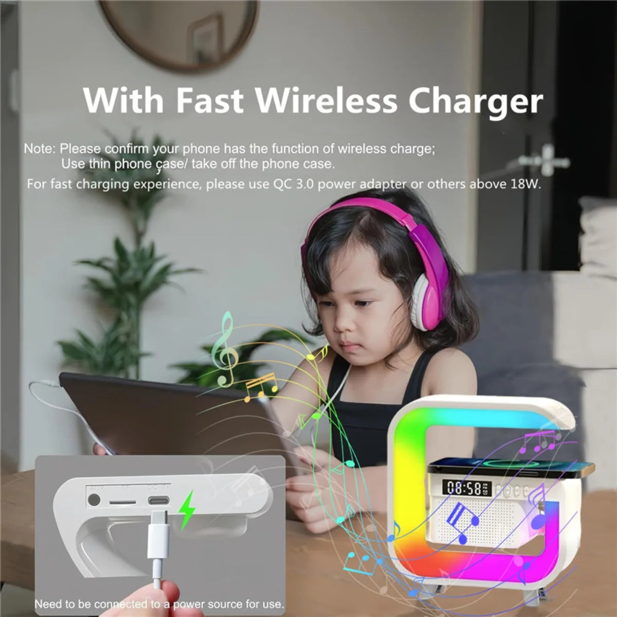NEW Home RGB Bluetooth Wireless Black/White Color Speaker Wireless Charger Stand TF FM Alarm Clock for iPhone 16~12 Pro Max Fast Charging Music Player