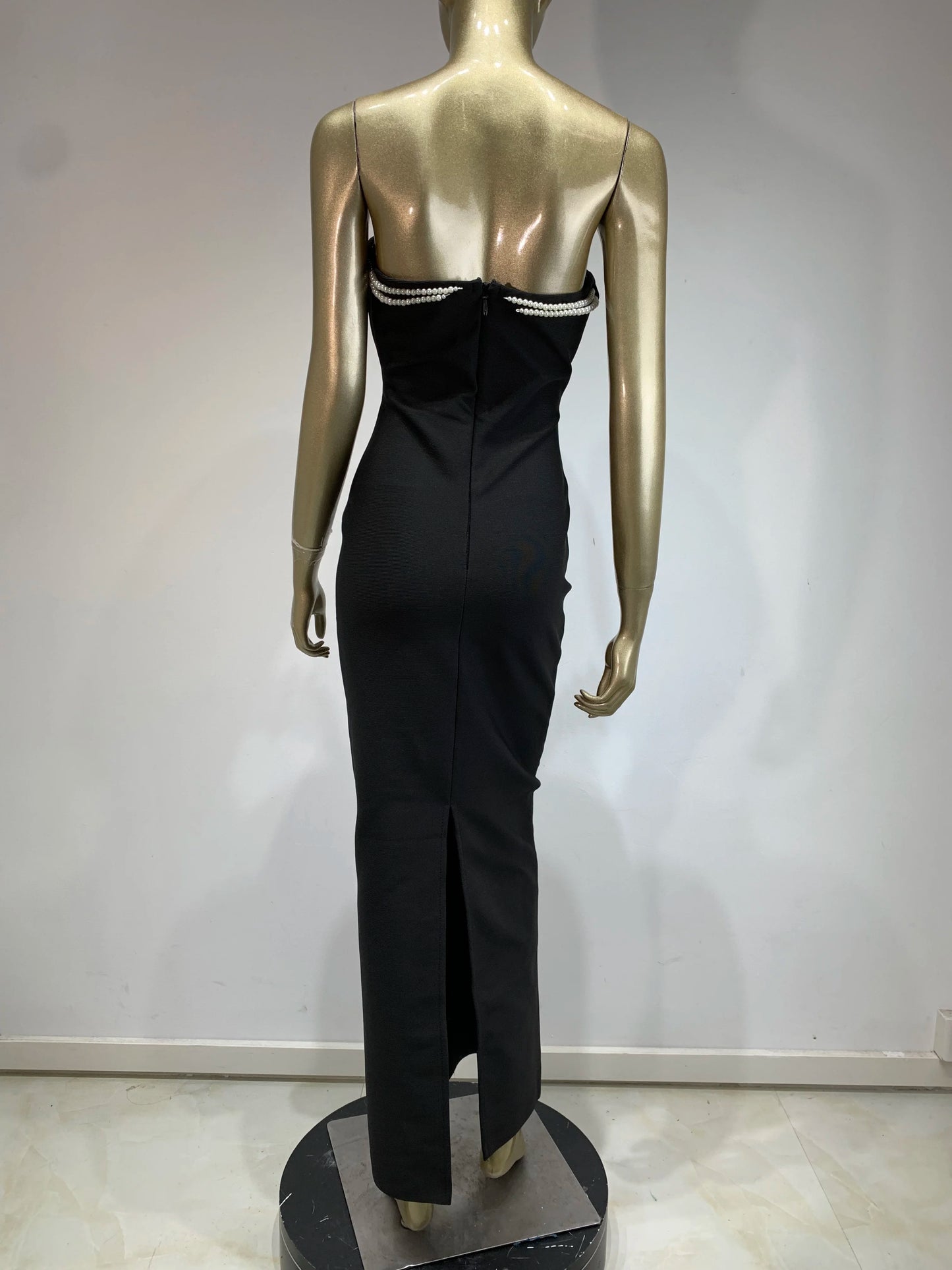 BRAND NEW UK Size Women Luxury Celebrity Red Carpet Sexy Strapless Backless Pearl Black Maxi Long Bodycon Bandage Dress Elegant Evening Wedding Guest Night Club Party Outfit