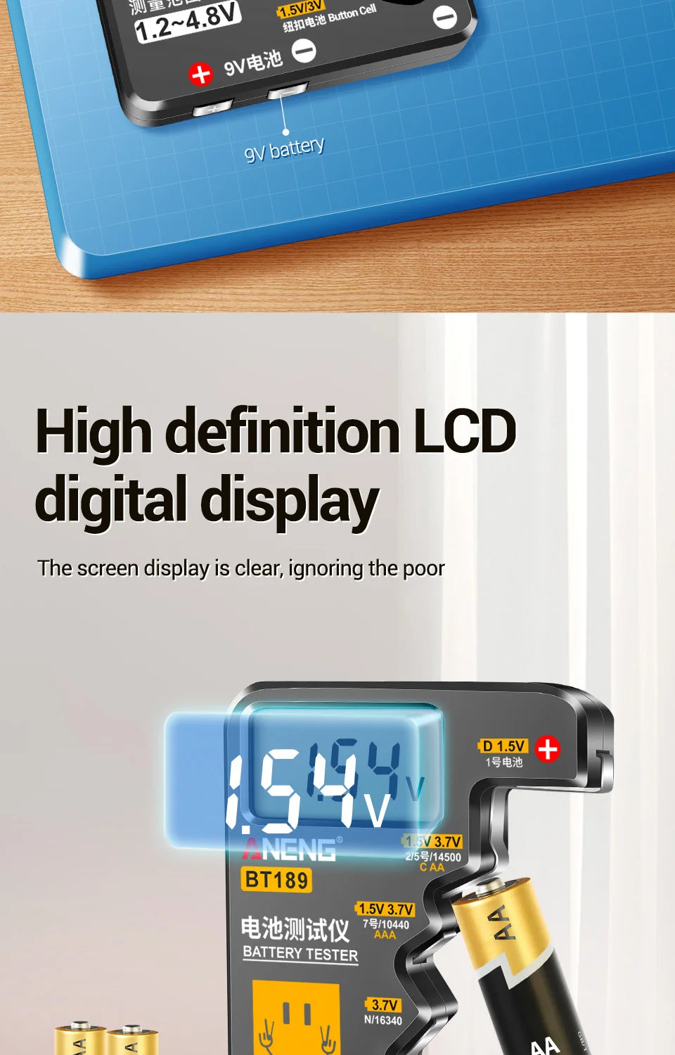 NEW Arrivals BT189 Button Cell Battery Tester 9V N D C AA AAA Universal Household LCD Display Battery Tester Power Bank Detectors Tools