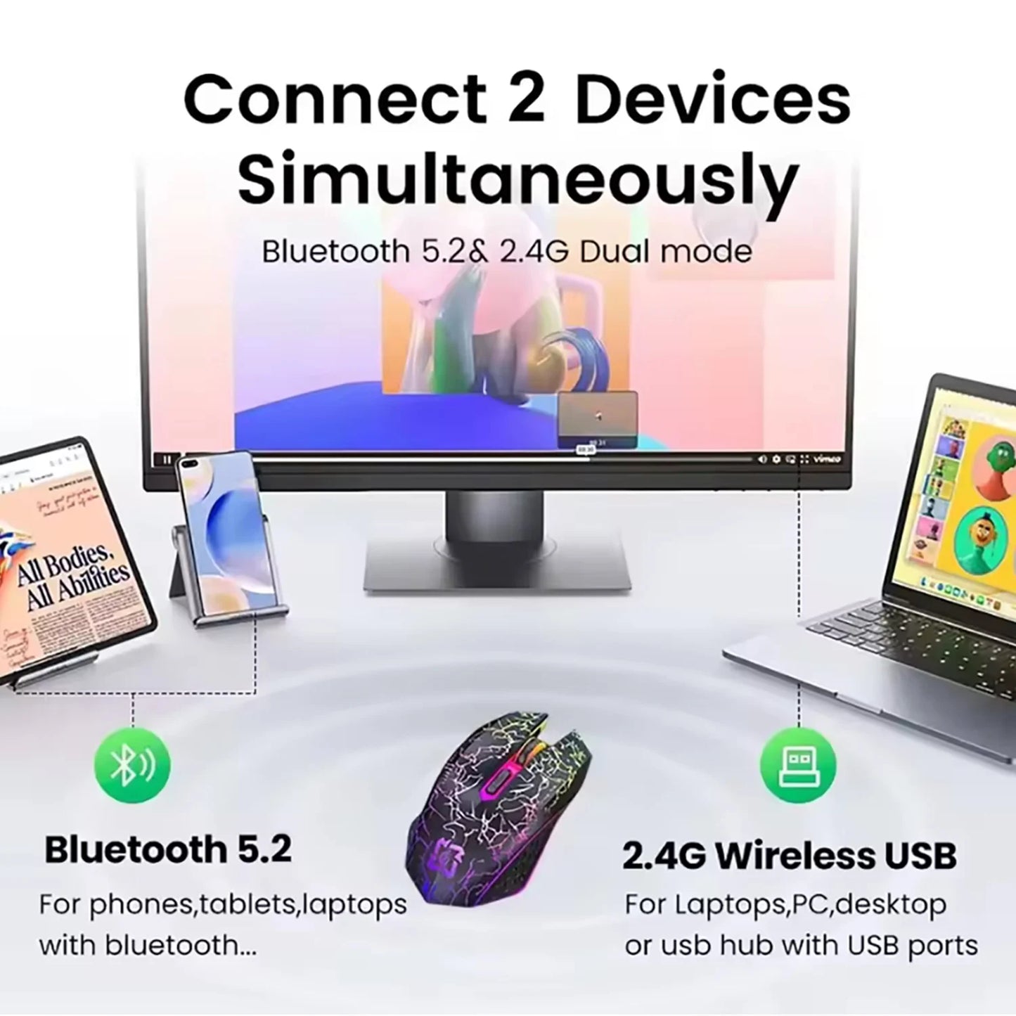 NEW Arrivals 2.4G Bluetooth Wireless Mouse Gaming Mouse Silent Mouse Rechargeable Mouse 800-1200-1600 DPI Mouse Mice for PC Laptop Mac Book Electronic Accessories