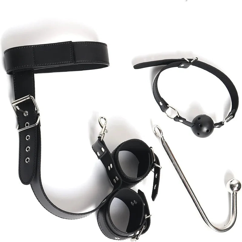 Sex Bondage Collar with Anal Hook Ball Gag BDSM Neck to Wrist Soft Bondage Restraints Kit Anal Ball Fetish Couples Sex Game Tool