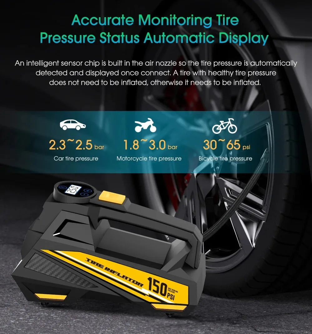 NEW Arrivals Corded Portable Car Air Pump 12V 150PSI Electric Tire Inflator Pump Motorcycle Bike Ball LED Light Car Air Compressor Car Bikes Accessories Emergency Supplies