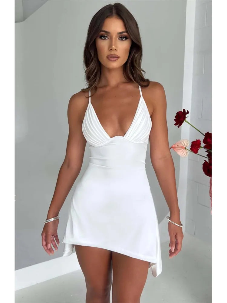 NEW Arrivals UK Size 5 Colors Sexy Satin Mini Dress Ladies Summer Evening Beach Party Night Club New V-neck Backless Solid Color Suspender Party Dresses Girls Fashion Mini Dress