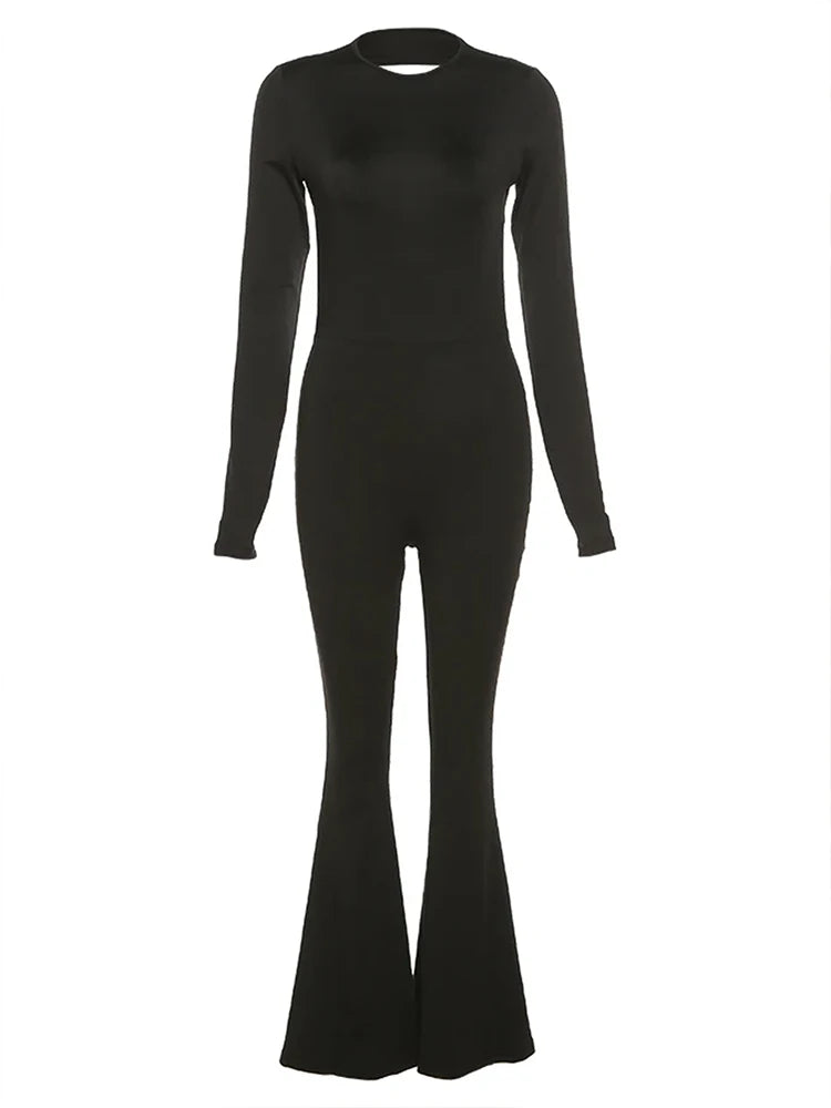NEW Arrivals Jumpsuits Autumn New Women Sexy Black Backless Long Sleeve Bodycon Rompers Fashion Streetwear Flare Pants Casual Slim Jumpsuits