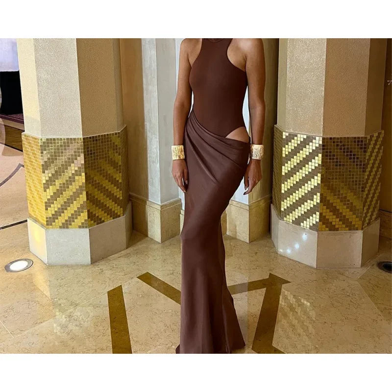 NEW Arrivals Women Fashionable Hollow Out Sleeveless Round Neck Long Dress Women's Empire Waist Gown Elegant Patchwork Maxi Dress Trendy Style