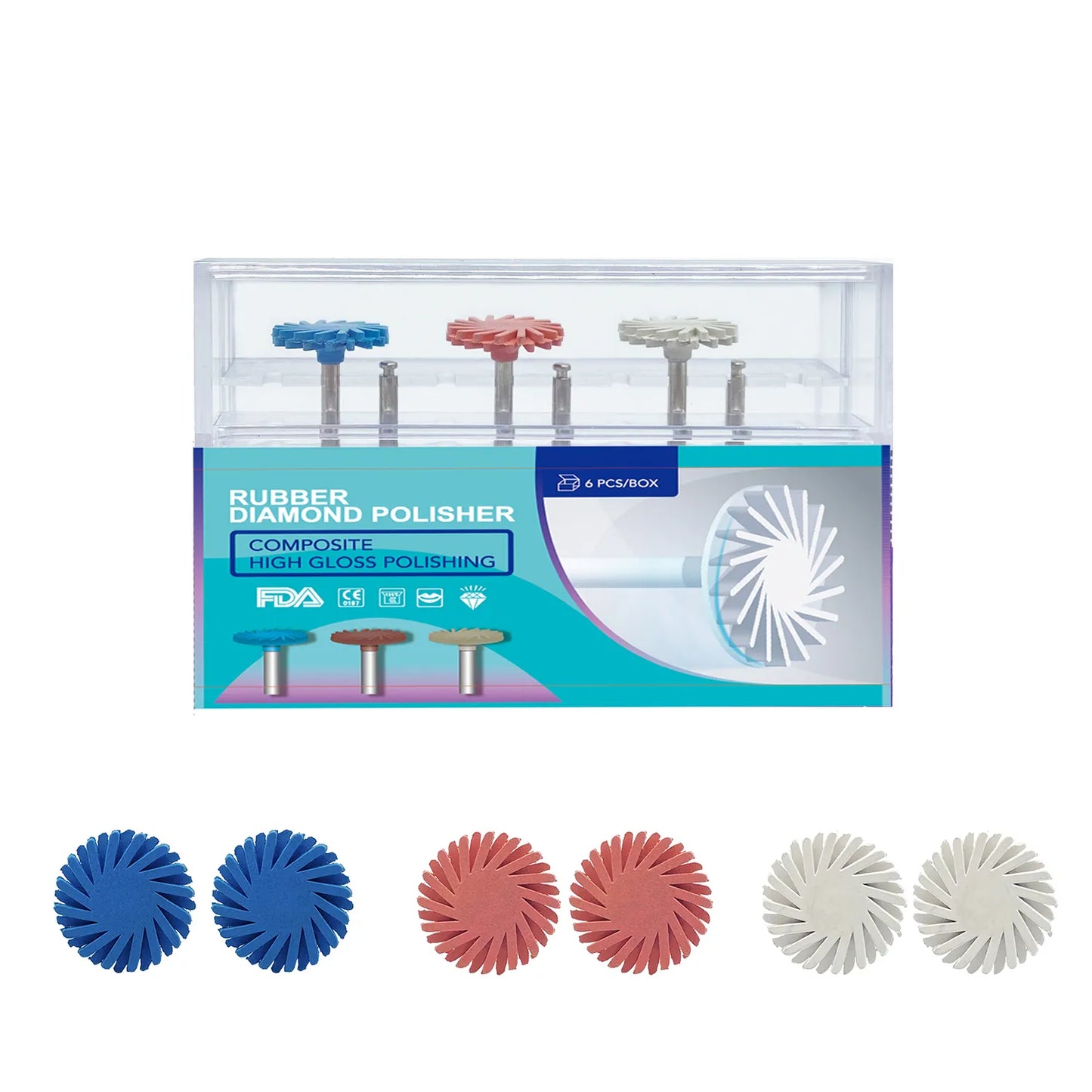 6Pcs Dental Rubber Polisher Composite Resin Polishing Disc 14mm Wheel 3 Colors Spiral Flex Brush