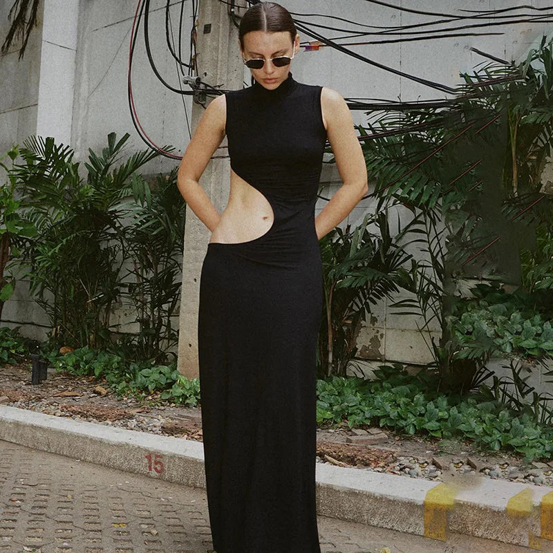 NEW Arrivals Black Cryptographic Sexy Cut Out Maxi Dress Outfits for Women Elegant Club Party Bodycon Sleeveless Tank Dresses Summer Beach Bar Party Night Clubwear
