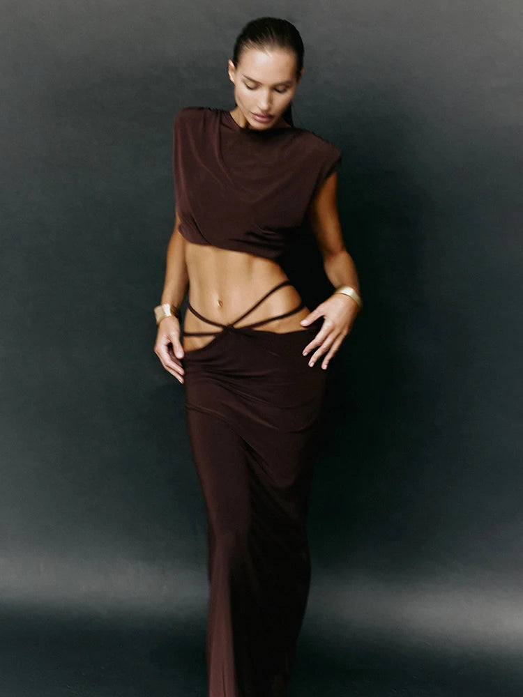NEW 2PCS Set Hipster High Waist Women O-Neck Sleeveless Crop Tops + Hollow Bandage Long Skirt Trend Ruched Elegant Suits