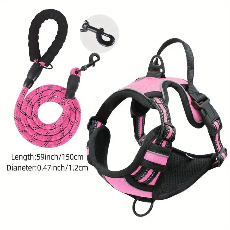 NEW 2PCS Set Service Dog Leash + Harness Front Clip Heavy Duty Reflective Easy Control Handle for Large Dog Walking Easy to Control for Small Medium