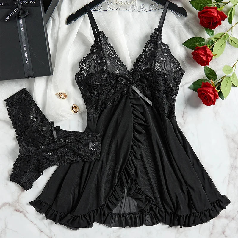NEW Arrivals 2PCS Set Black/ Pink/Wine Red Color Transparent Sexy Lingerie Women Panties See Through Sleepwear Lace V Neck Nightdress And Thong Sets Female Underwear Briefs Set