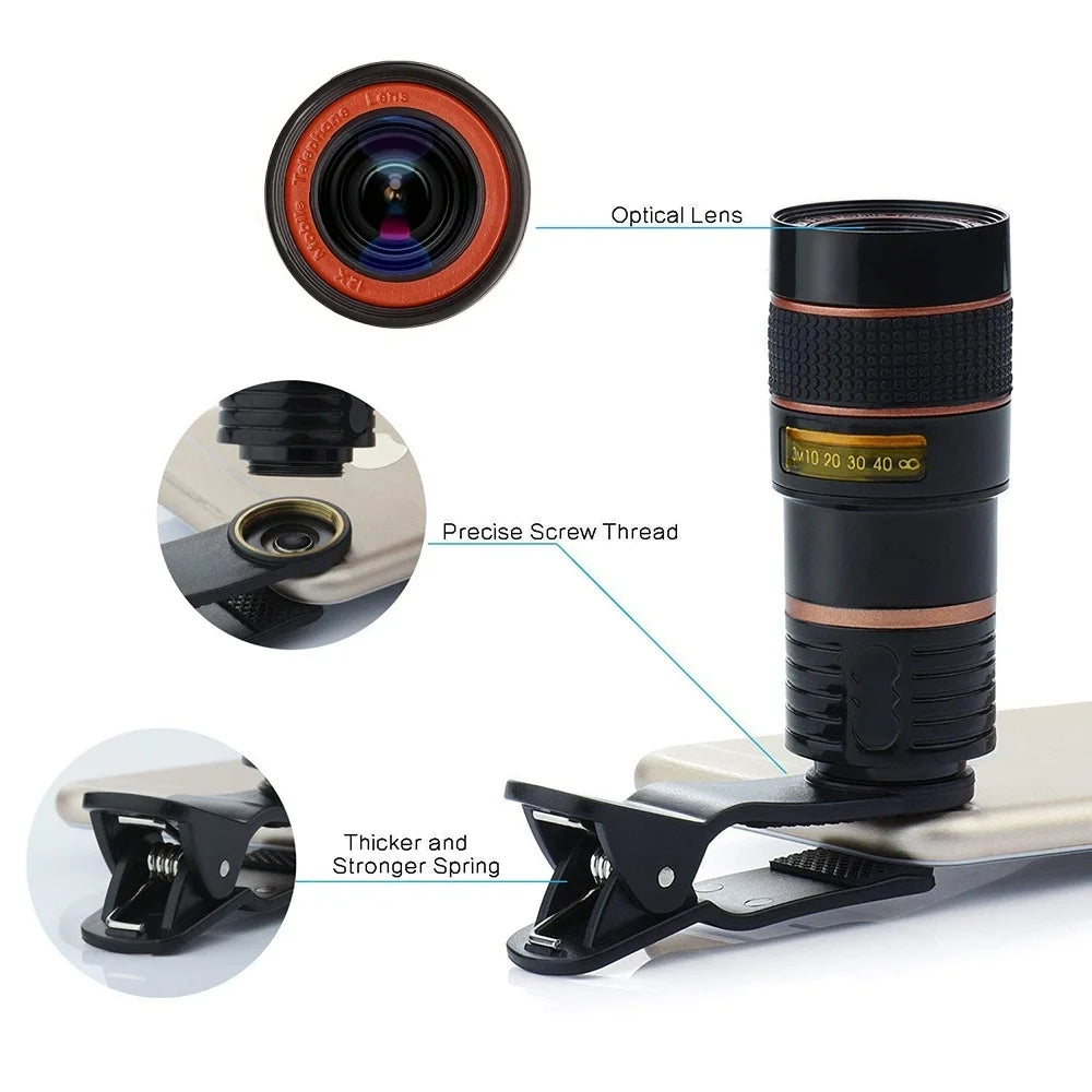 NEW Arrivals 8x12x Optical Zoom Camera External Universal Telescope Lens with Clip Phone Camera Lens Wide Angle for iPhone 15 Xiaomi14 Huawei Mobile Phones Accessories