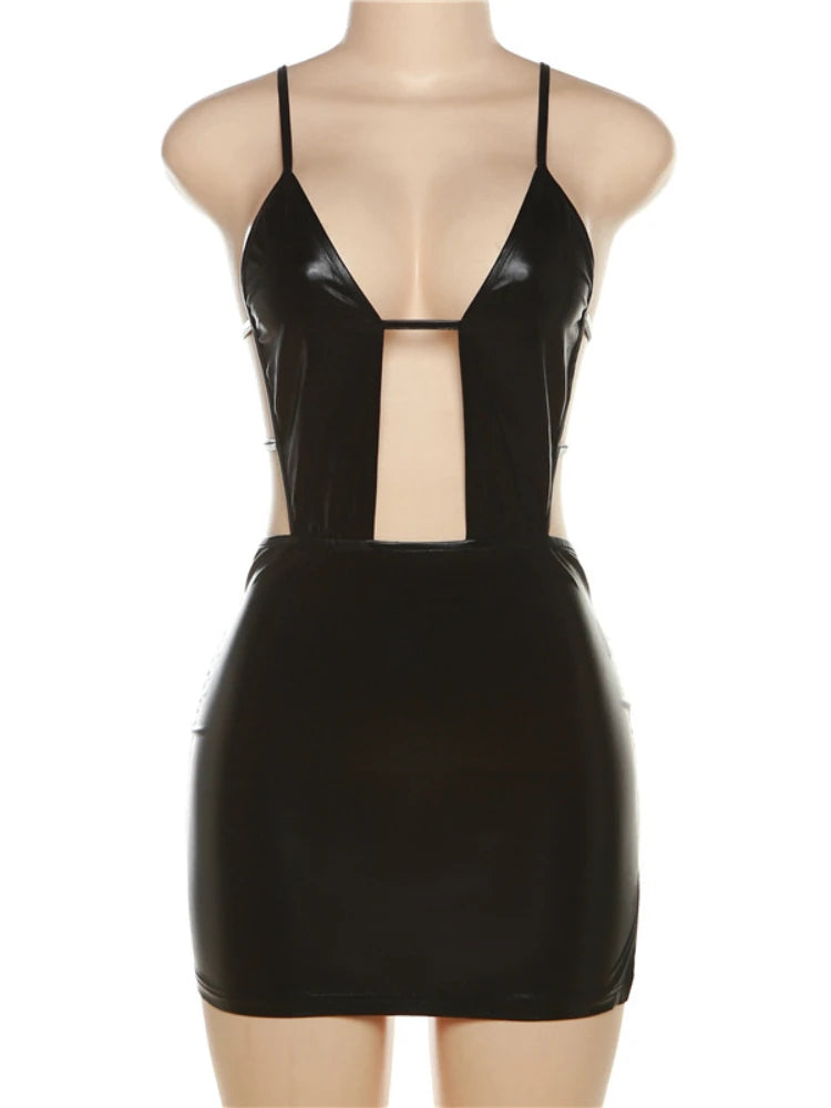 Women Sexy Hot PU Leather Low-Cut Hollow Out Slim Bodycon Dress Women Sleeveless Backless Skinny Mini Dress Evening Club Party