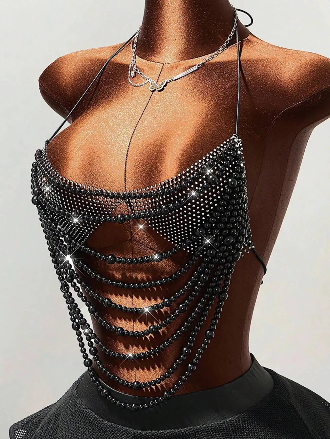 Just Arrived Sexy Black Metal Rhinestone Corset Crop Top Women Summer Evening Beach Club Party Tops Woman Clothing See Through Pearl Halter Tank Top Ladies Sexy Apparel Accessories