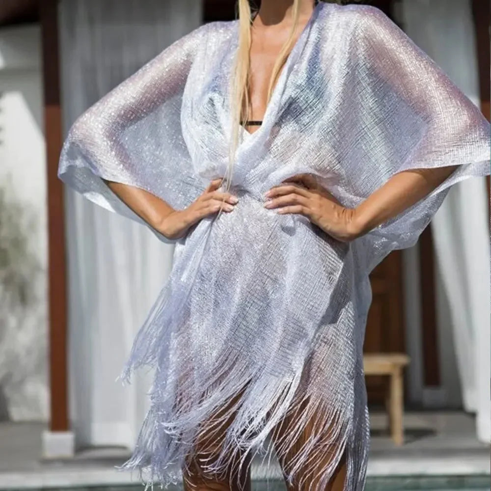 NEW Arrivals 5 Colors Luxury Solid Color See-Through Slit Shawl Sun Protection Clothes with Fringe, Women's Summer New Fashion Holiday Beach Bikini Smock