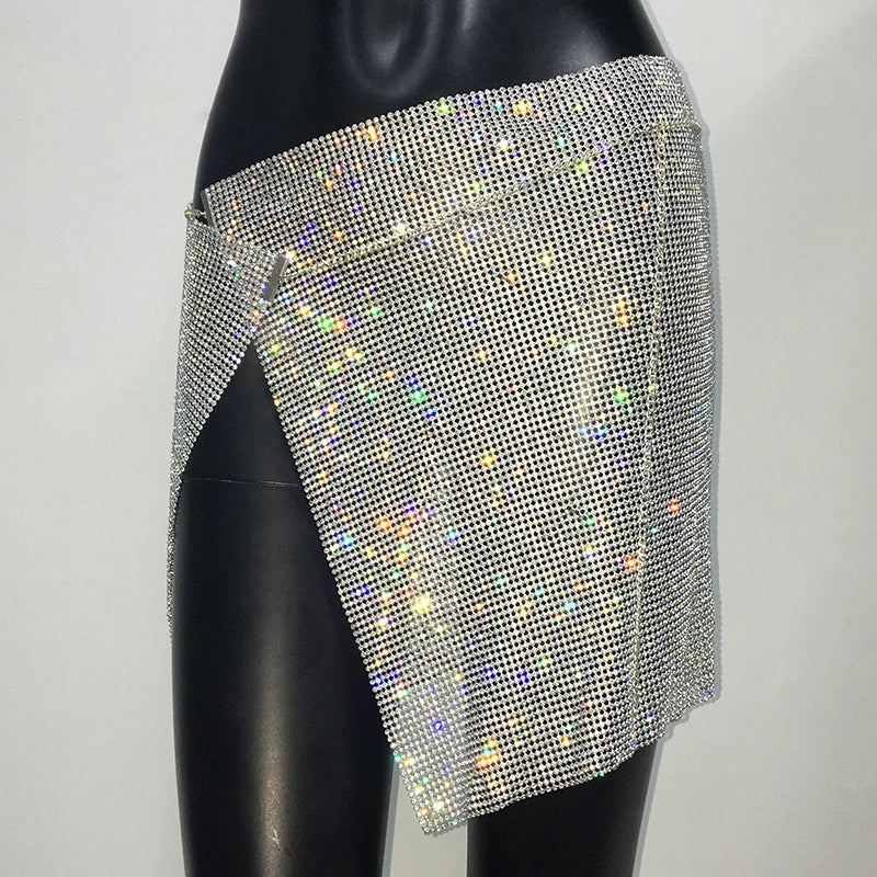 NEW Arrivals 6 Colors Glitter Rhinestone Metal Chain Mini Sexy Skirt For Women Sexy Side Slit See Through Party Skirt Rave Festival Outfits