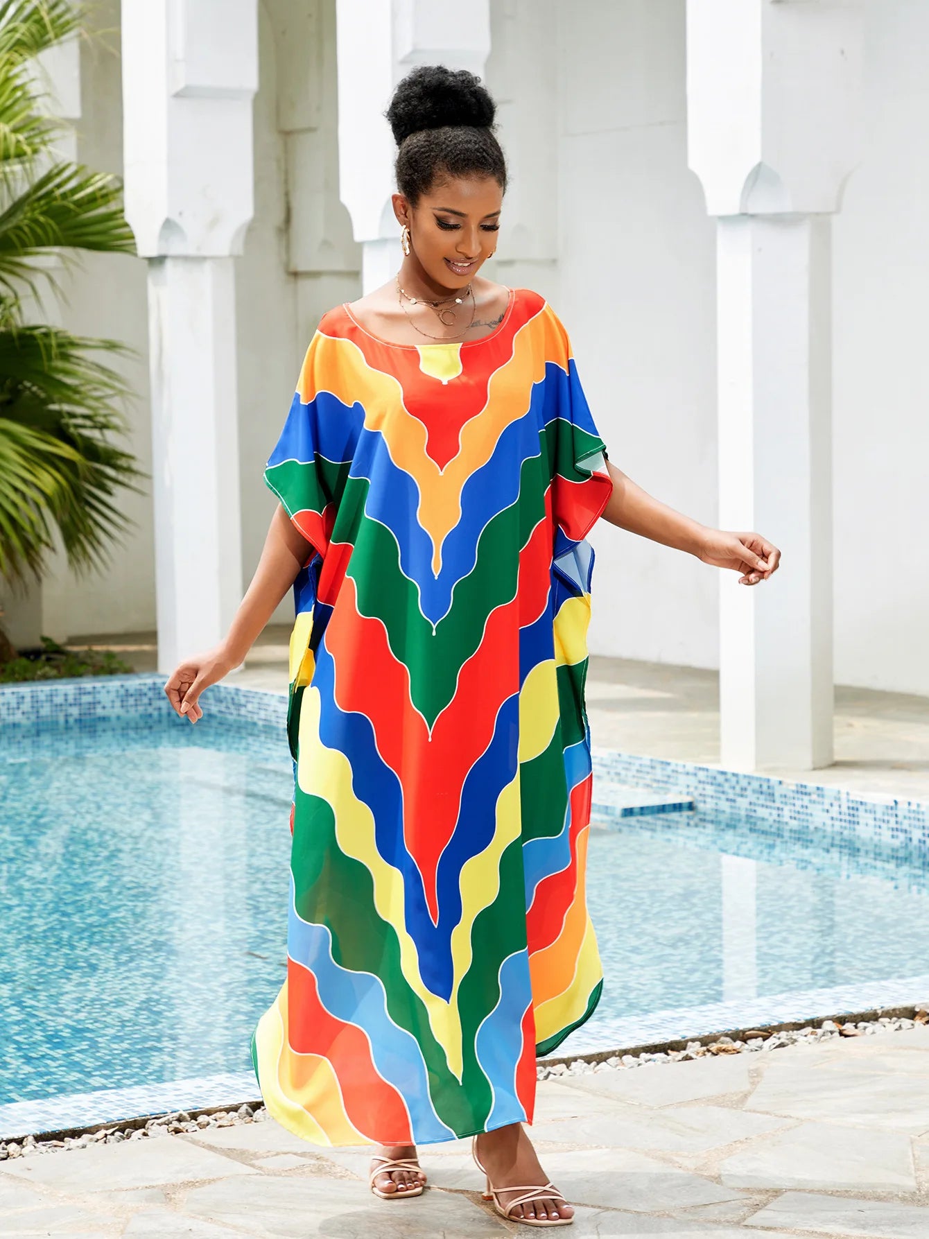 Women Long Print Swimwear Cover Up Sexy V Neck Side Split Beach Caftans Lounge Dresses