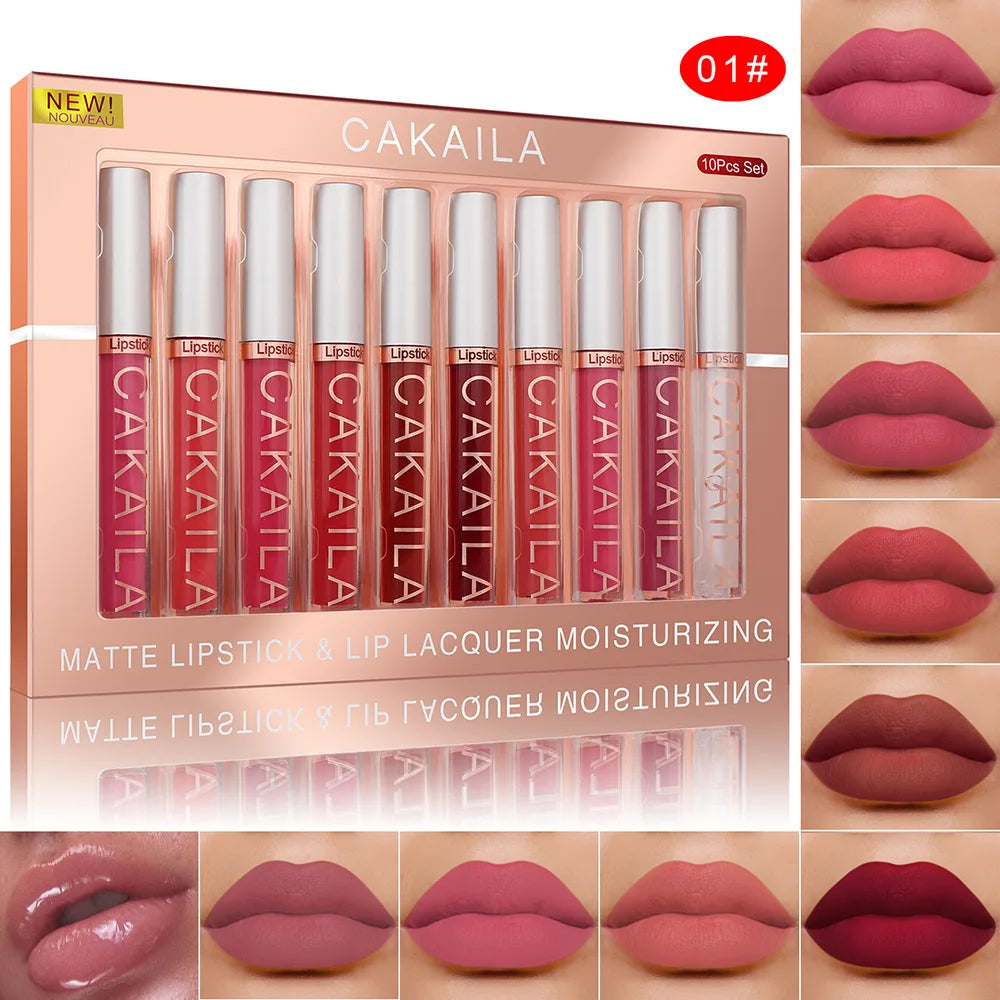 NEW Arrivals 10PCS/Set Nude Lip Gloss Matte Velvet Lipstick Waterproof Long-lasting Liquid Lipstick Women Moist Lip Tint Ladies Cosmetic Supplies
