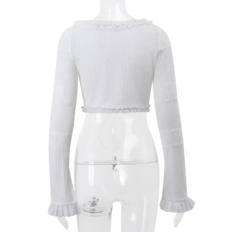 NEW Arrivals 2PCS Set Sexy Fashion Y2K Ruffle Tiered White Mini Skirts + Tops Sets Elegant Outfits Tie Front Matching Sets Spring Summer Evening Beach Party Night Club Outfit Girls Sexy Suit