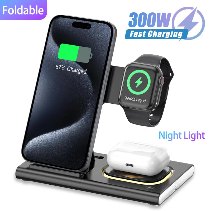 NEW Arrivals 300W Foldable 3 In 1 Wireless Charger Stand Pad Desktop Fast Charging Station For iPhone 16 15 14 13 Samsung Apple Watch Air Pods Mobile Phones Accessories Electronic Supplies