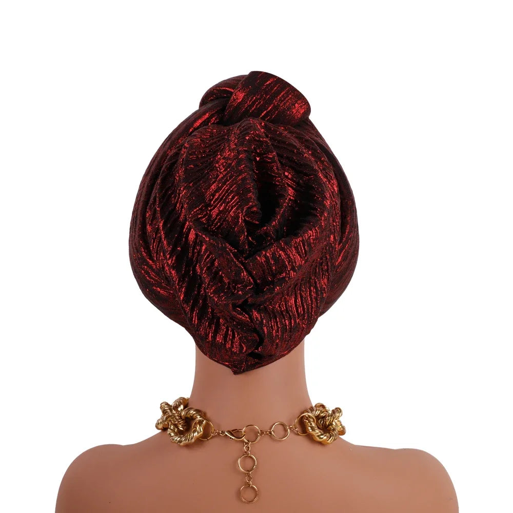 Glitter Fabric African Auto Gele Headtie Nigeria Party Headwear Turbante Mujer Knoted Turban Cap Women's Head Wraps