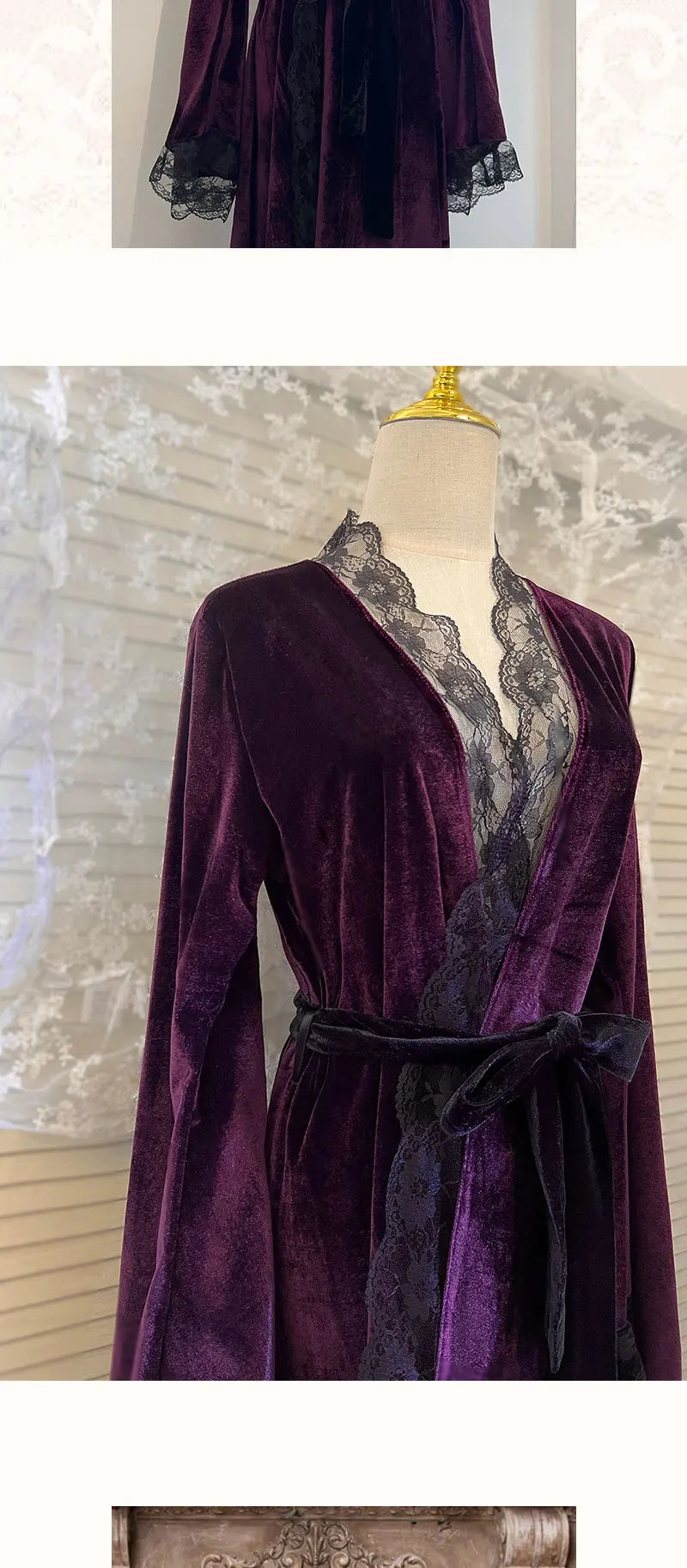 NEW Arrivals Luxury Black/Red Ultra Long Morning Velvet Dress Gown Autumn Winter Velour Sleepwear Women Warm Bathrobe Kimono Sexy Lace Trim Nightgown Bride Home Wear Ladies Luxury Lingerie Fashion Clothing Products