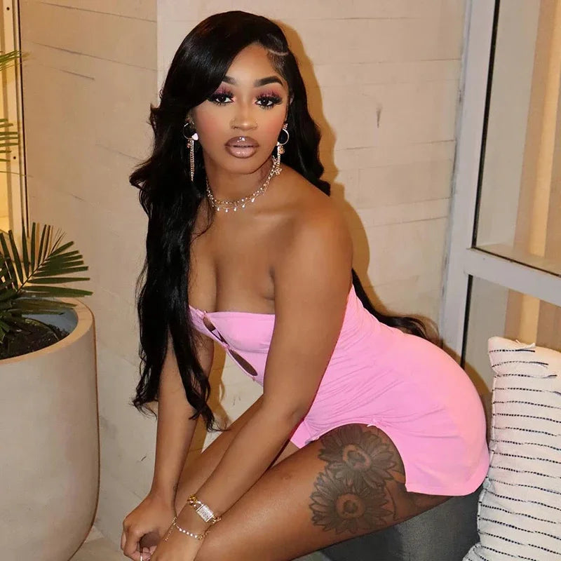 NEW Arrivals UK Size Pink/Silver Y2K Sexy Mini Dress Women Summer Evening Beach Party Hottie Hollow Out Strapless Solid Color Pullover Dresses Streetwear Girls Night Club Sexy Outfits