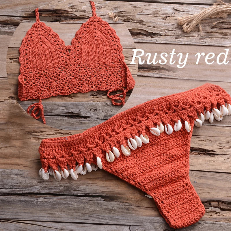 NEW Arrivals 10 Colors Handmade Sexy Women Large Size Swimwear Knitted Halter Bikini Top Bra Sexy Beach Swimsuit Hollow Bathing Suit Bikini Set Push Up Swim Thongs