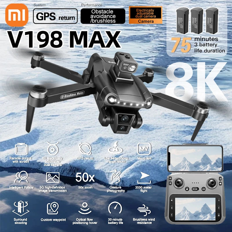 NEW Xiaomi V198MAX GPS Drone 8K Professional Camera Laser Video Recording Aerial FPV Brush Laser Obstacle with Large Screen Remote Control Folding Drone + 3 Batteries Set