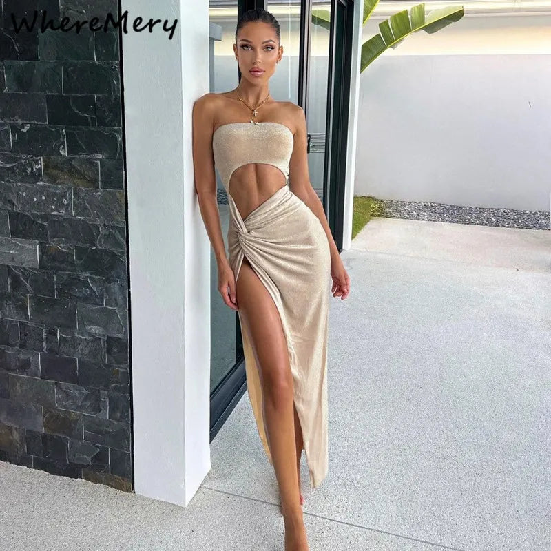 WhereMery Summer Sexy Sleeveless Slit Dress Hollow Out Skinny Elegant Women Long Dresses 2022 Fashion Ladies Party Club Vestido