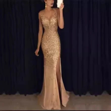 NEW Arrivals S-2XL 4 Colors Summer Sexy Cross-Border Side Slit Gold-Embellished Long Dress Evening Party Dress Red Carpet Formal Celebrity Wedding Guest Luxury Maxi Dress