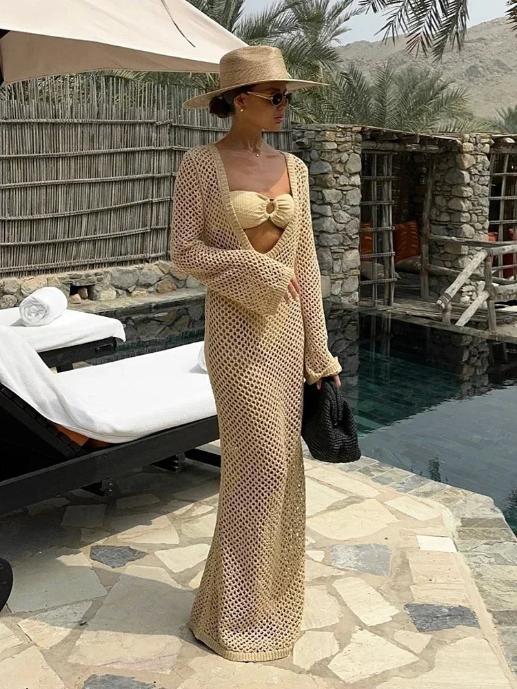 NEW Arrivals UK Size 7 Colors Sexy U-Neck Bell Sleeve Knit Handmade Maxi Dress Summer Women Swimwear Feminine Bikinis Cover-Ups Holiday Crochet Beach Ladies Outfit K21