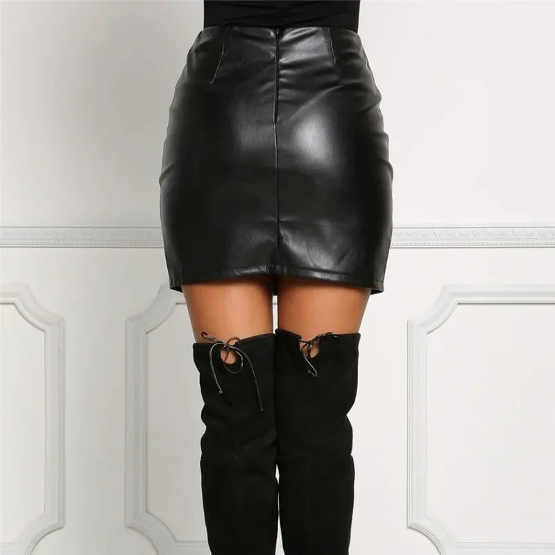 NEW Arrivals S-5XL Plus Size Sexy Girls Above Knee Black PU Leather Mini Skirts Spring Women High Waist Bodycon Front Split Elegant Short Skirt