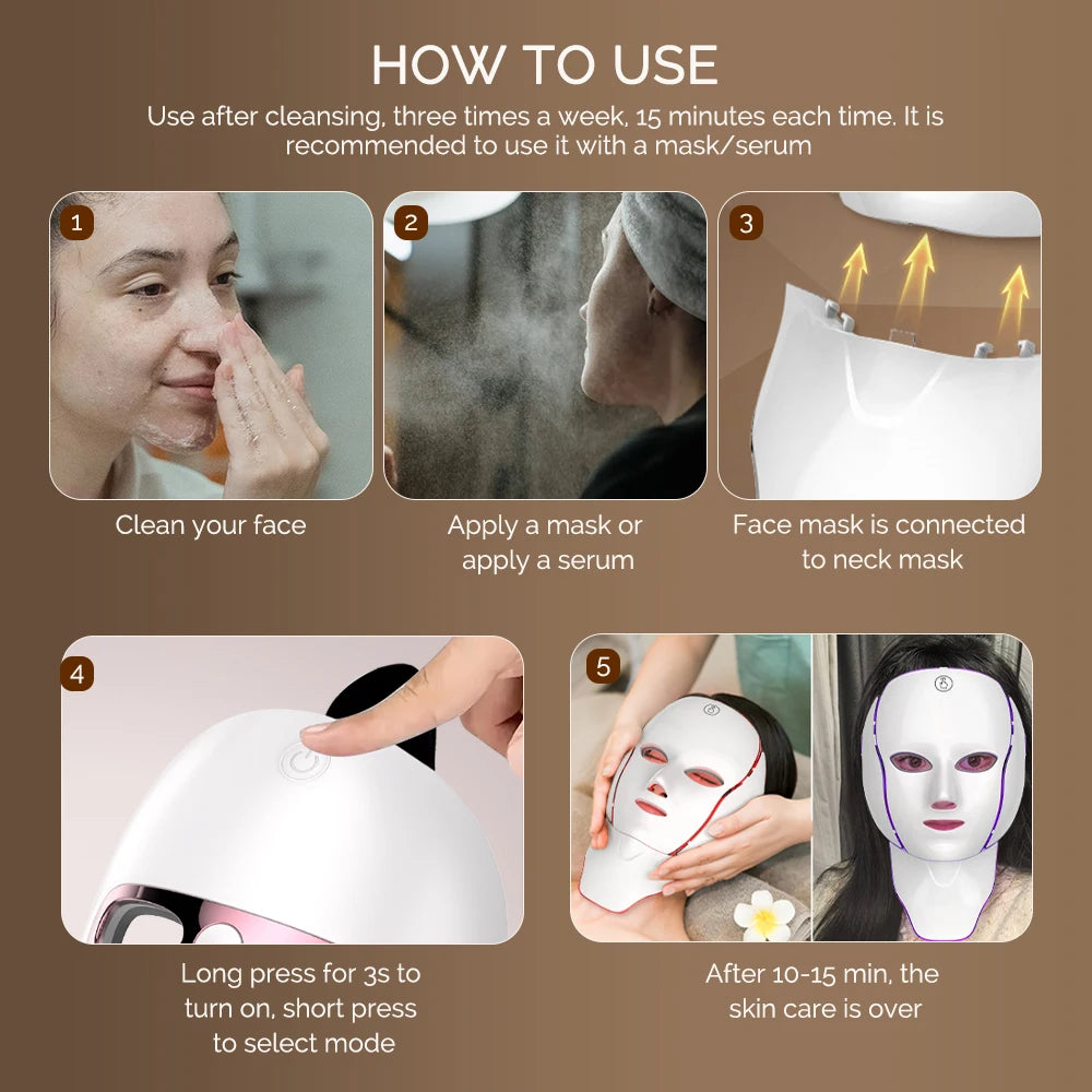 NEW 7 Colors LED Facial Mask with Neck Light Therapy Red Light Facial Mask for Anti-Aging Rejuvenation Brighten Skin Beauty Device Women Skin Care Supplies