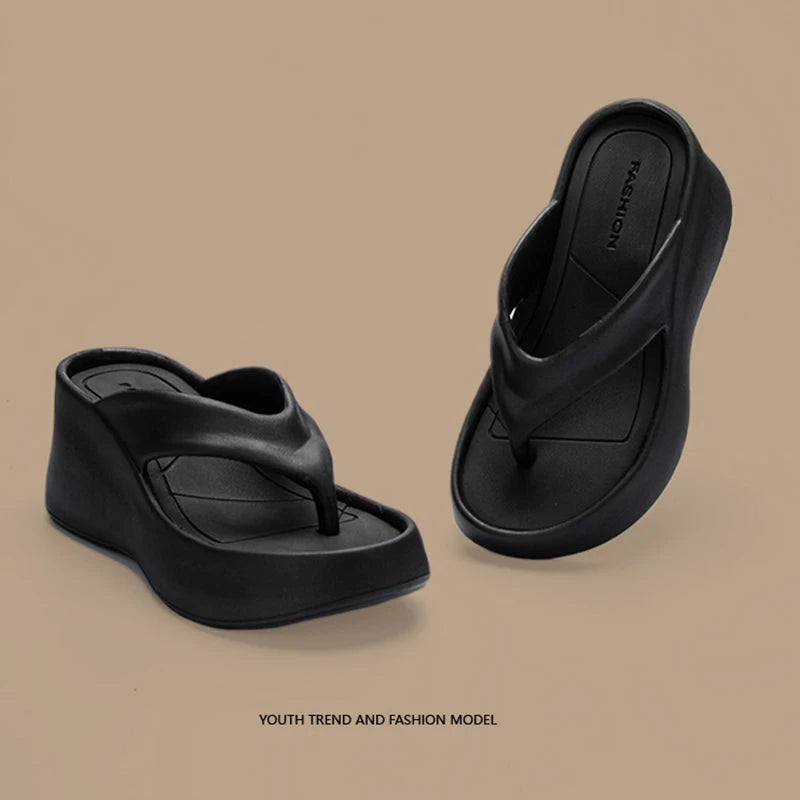 Women's Clip Toe Wedge Flip Flops Summer Chunky Platform Beach Sandals Woman Thick Sole High Heeled Eva Slippers Slides