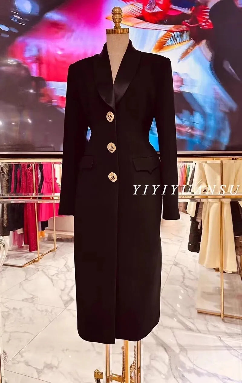 NEW Arrivals UK S-2XL Size Vintage Black Autumn Winter Clothes Long Sleeve Bodycon Pencil Notched Blazer Suit Coat Midi Dresses Women Office Lady Suit