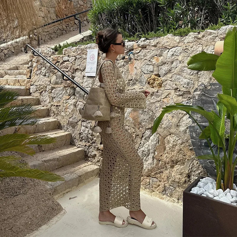 NEW Arrivals Black/White/Khaki Color Sexy Round Collar Long Sleeve Wrap Dress Knitting Hollow Out Beachwear Cover Up Summer Holiday Beach Elegant Long Dress