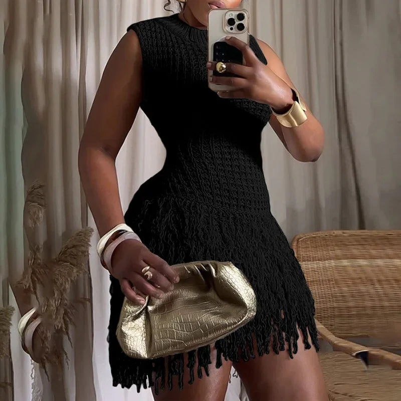 NEW Arrivals UK Size Black/White Color Italian Fashion Tassels Hollow Out Splicing Mini Dresses Women Round Neck Sleeveless Slim Elegant Lady Clothing
