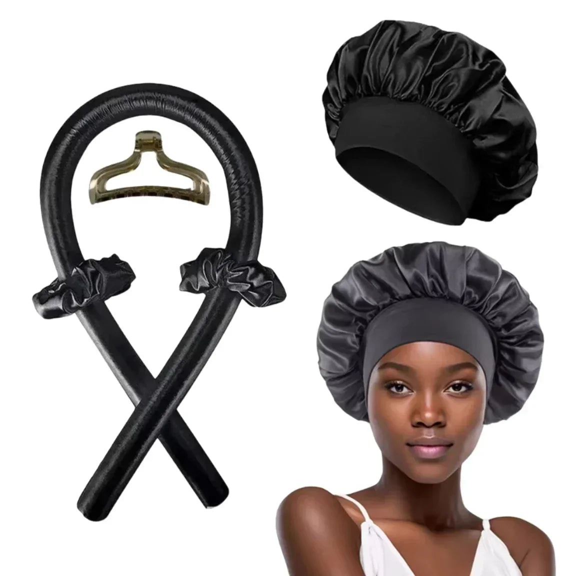 NEW Arrivals 2PCS Set Wine Red/Pink/Black Heatless Curling Rod Set Satin Nightcap for Women No Heat Hair Rollers Sleeping Soft Headband Styling Tool Lazy Curls Ladies Hair Care Accessories