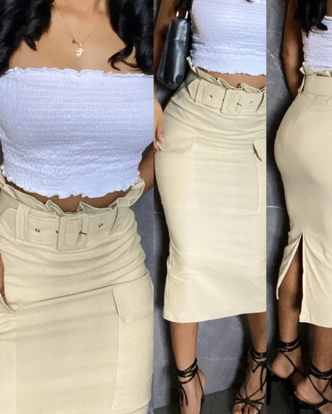 NEW Arrivals Women's Motorcycle Long/Mini Leather Skirts Summer Latest Trend Streetwear Outfit PU leather Split Beaded Tie Up Detail Short Skirt Skinny Skirt Female Girls Sexy Casual Fashion Apparel Supplies