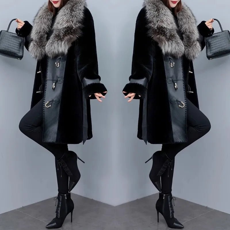 High-grade Luxury Fox Fur Collar Jacket Women's 2023 New Winter Temperament Fashion Fur Coats Black Female Warm Parkas Overcoat