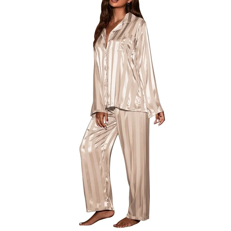 NEW 2PCS Set L-4XL Plus Size 4 Colors Chubby Women's Striped Pajama Set, Solid French Silk Satin Pajamas, Comfortable Home Pajamas