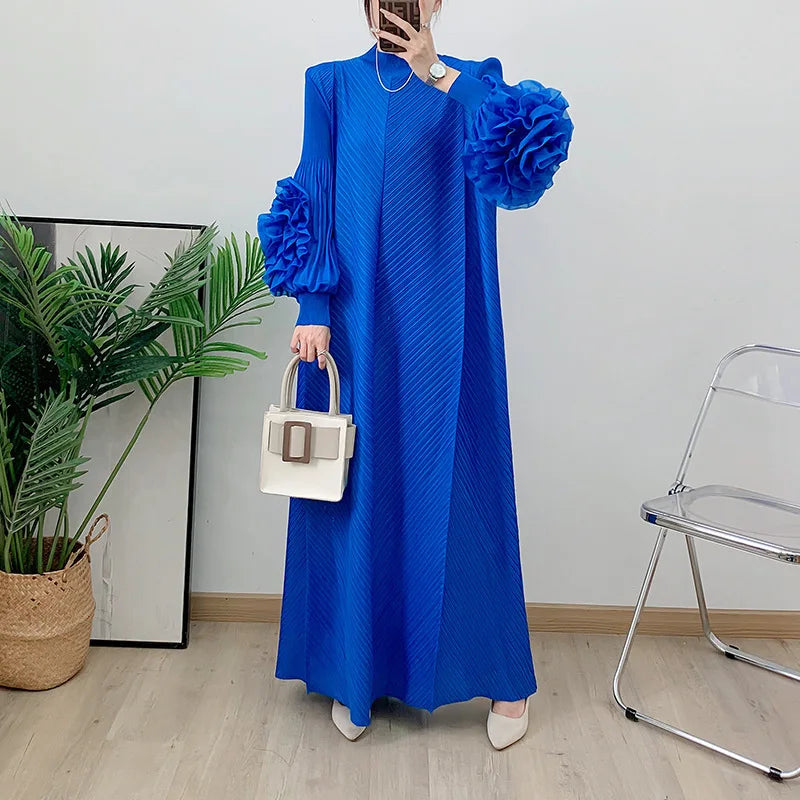 NEW Arrivals UK Size 4 Colors Pleated Dress For African Women Flower Sleeves Female Sunday Church Evening Party Wedding Guest Elegant Clothing Trendy New Ladies 2DB1827