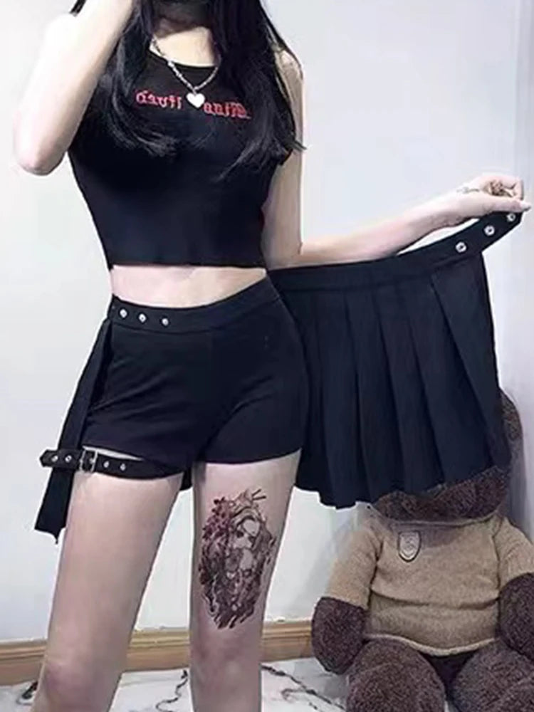 Punk Mall Goth Shorts Skirt Women Y2k E-girl Streetwear Leg Ring Buckle Detachable High Waist Emo Alt Clubwear