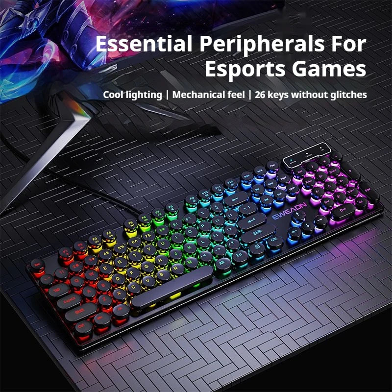 GX330 Typewriter Gaming Keyboard, 104 Keys Wired Retro Punk Round Keycaps, with RGB Backlit, for Windows Laptop PC Black Keyboard PC Computer Laptops Accessories Supplies Electronics Products